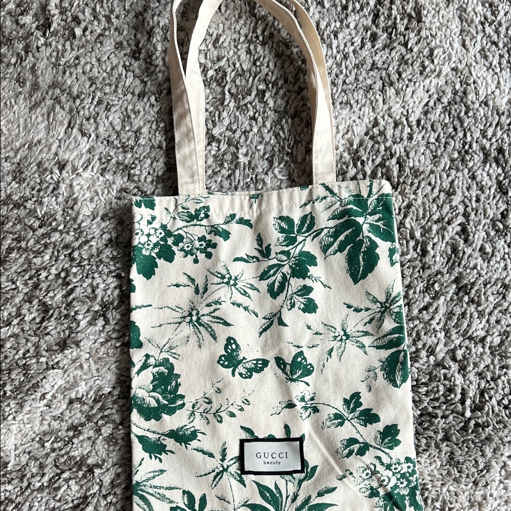 Gucci Beauty White and Green Floral Tote Bag